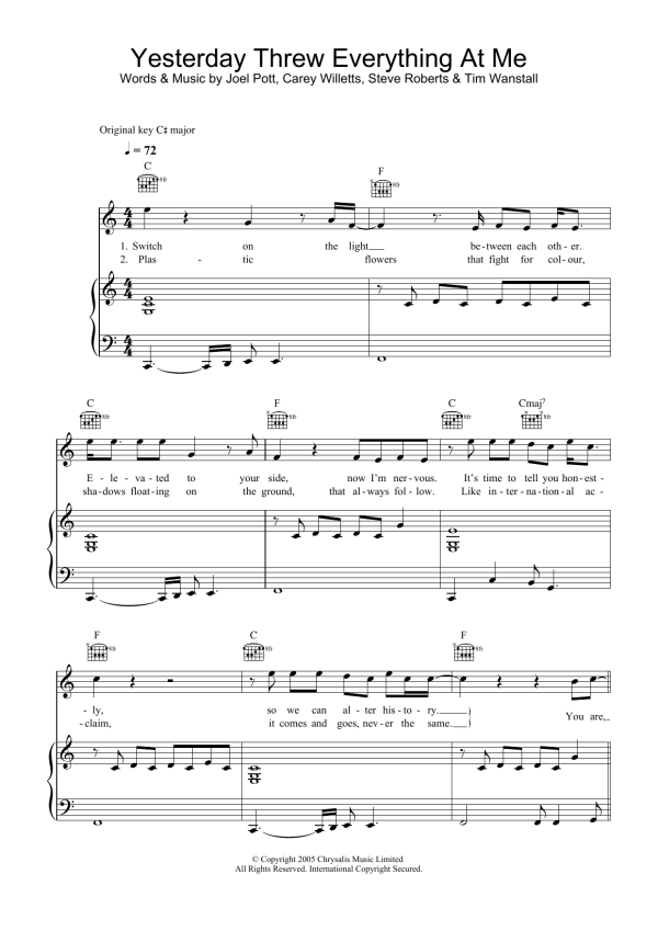 Athlete Yesterday Threw Everything At Me Musik Noten - Piano, Vocal & Guitar Chords - 31766-0
