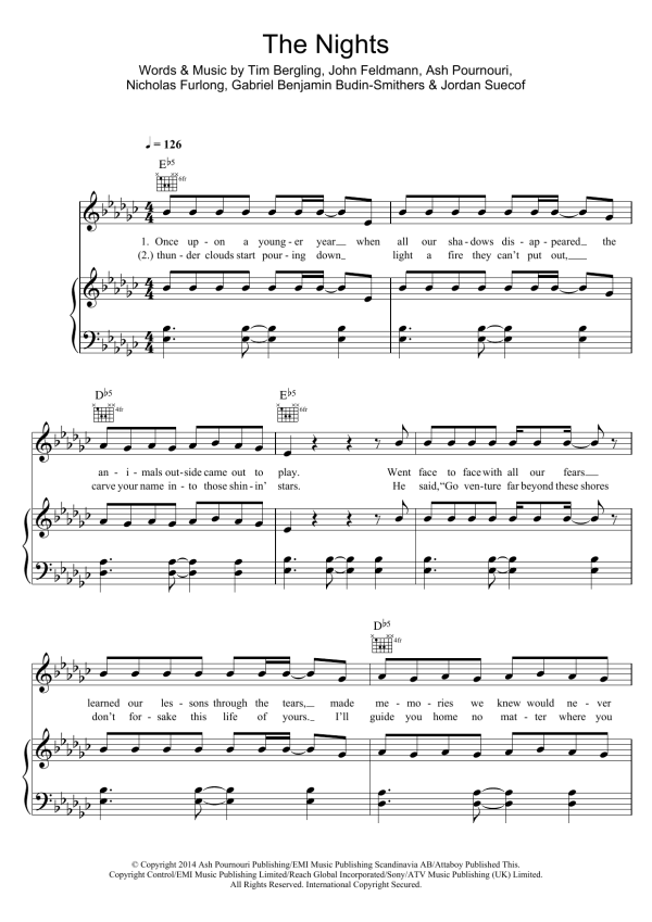 Avicii The Nights Musik Noten - Piano, Vocal & Guitar Chords - 120657-0