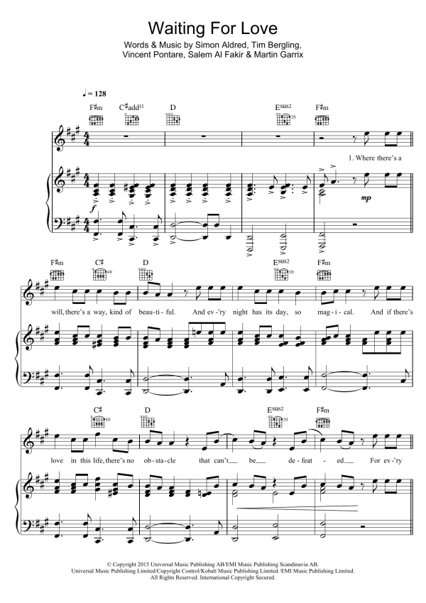 Avicii Waiting For Love Musik Noten - Easy Piano - 122353-0