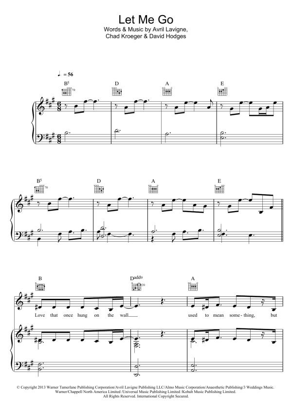 Avril Lavigne Let Me Go (feat. Chad Kroeger) Musik Noten - Piano, Vocal & Guitar Chords - 119385-0