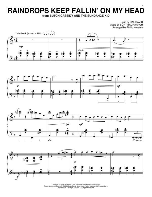 Bacharach & David Raindrops Keep Fallin' On My Head (arr. Phillip Keveren) Musik Noten - Piano Solo - 153876-0