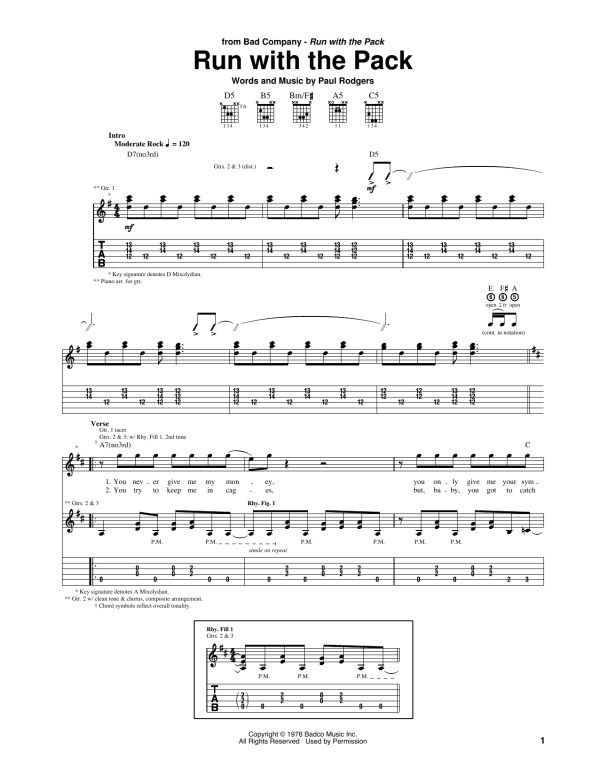 Bad Company Run With The Pack Musik Noten - Guitar Tab - 159326-0