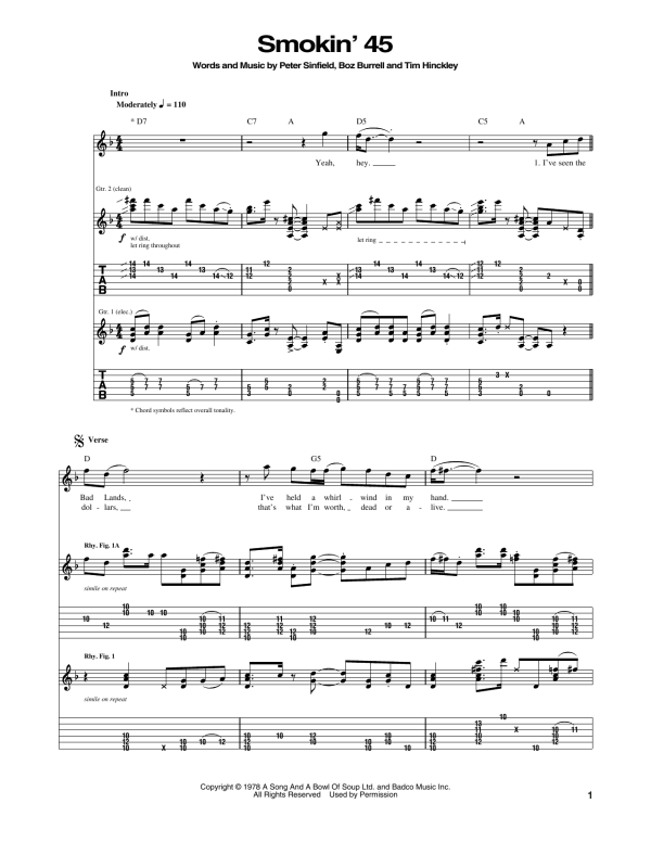 Bad Company Smokin' 45 Musik Noten - Guitar Tab - 170760-0
