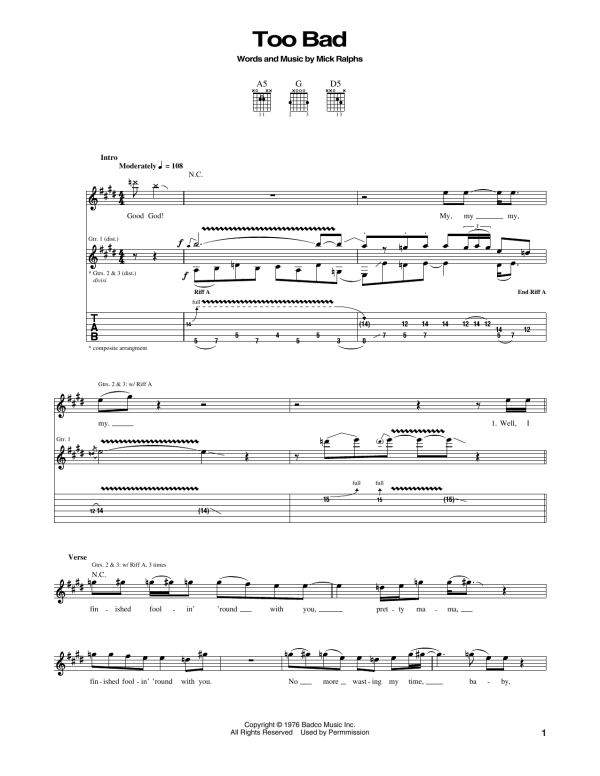 Bad Company Too Bad Musik Noten - Guitar Tab - 170728-0