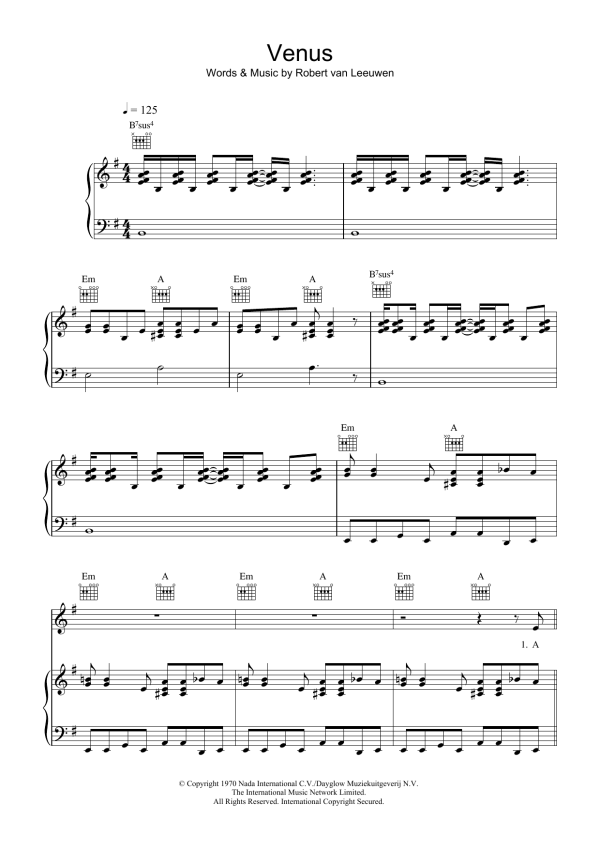 Bananarama Venus Musik Noten - Piano, Vocal & Guitar Chords - 38089-0