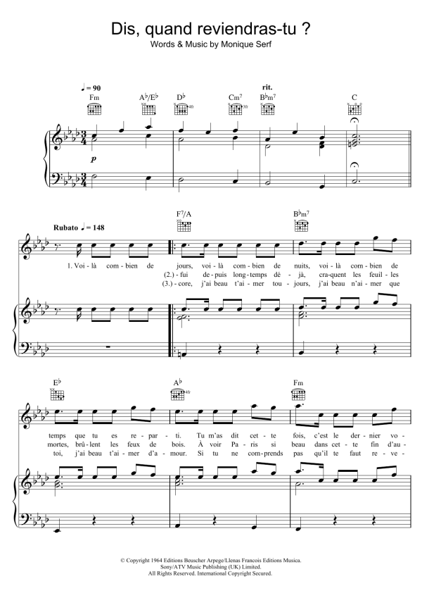 Barbara Dis, Quand Reviendras Tu ? Musik Noten - Piano, Vocal & Guitar Chords - 123856-0