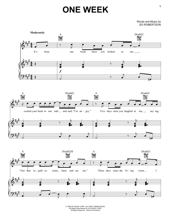 Barenaked Ladies One Week Musik Noten - Piano, Vocal & Guitar Chords - 91959-0