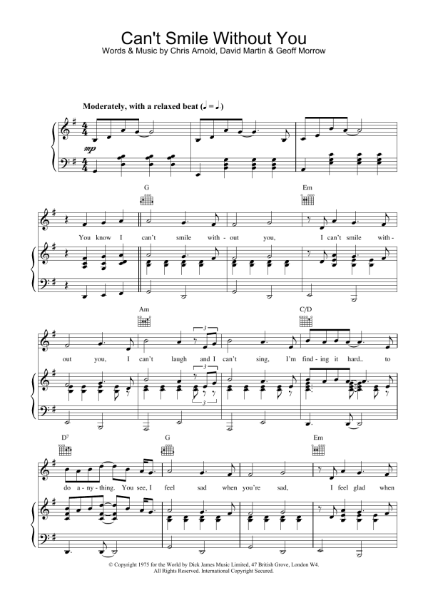 Barry Manilow Can't Smile Without You Musik Noten - Piano, Vocal & Guitar Chords - 17251-0