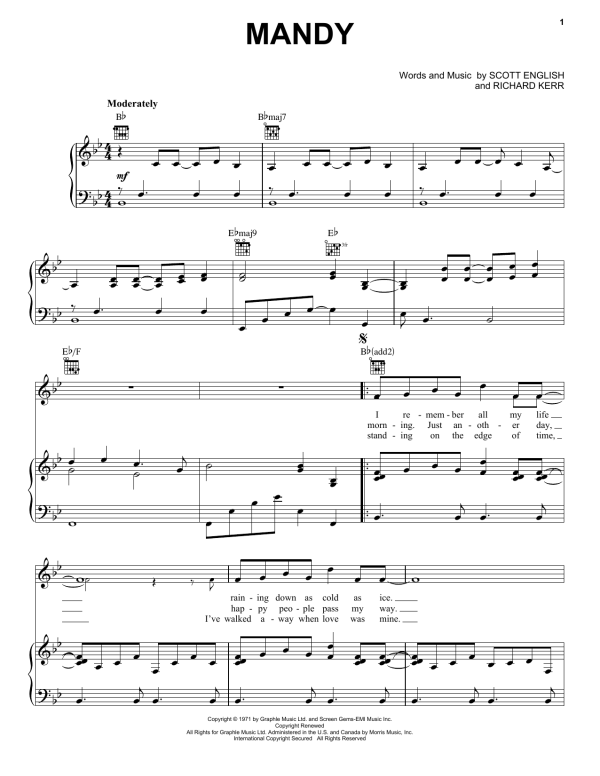 Barry Manilow Mandy Musik Noten - Piano, Vocal & Guitar Chords - 18031-0