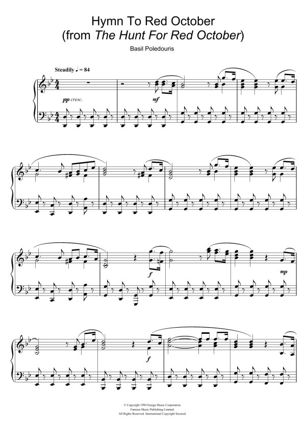 Basil Poledouris Hymn To Red October (from The Hunt For Red October) Musik Noten - Piano Solo - 111644-0