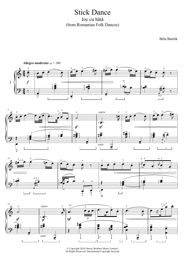Béla Bartók Stick Dance (from Romanian Folk Dances) Musik Noten - Piano Solo - 123277-0