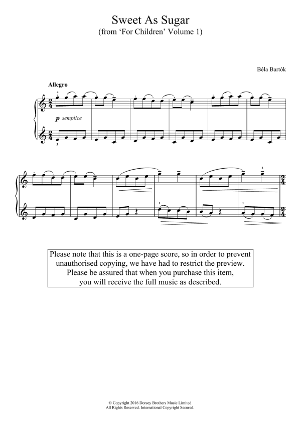 Béla Bartók Sweet As Sugar (from 'For Children', Volume 1) Musik Noten - Easy Piano - 123589-0