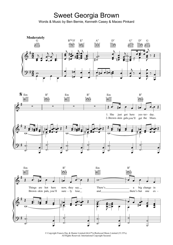 Ben Bernie Sweet Georgia Brown Musik Noten - Piano, Vocal & Guitar Chords - 36151-0