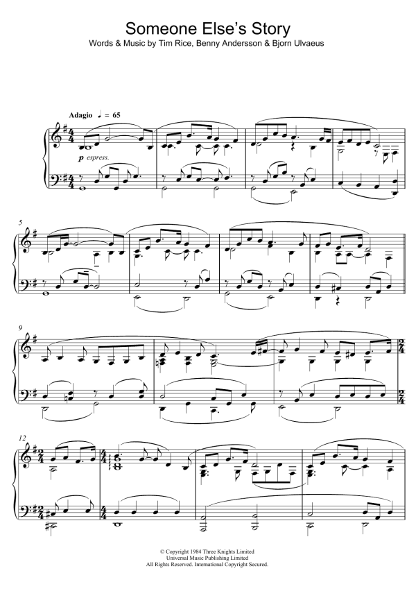 Benny Andersson Someone Else's Story Musik Noten - Piano & Vocal - 167477-0