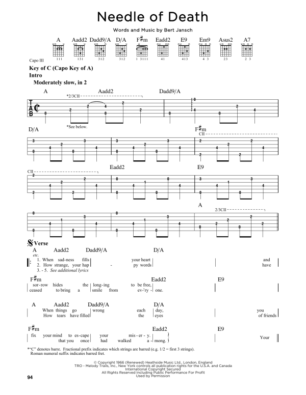 Bert Jansch Needle Of Death Musik Noten - Guitar Cheat Sheet - 163541-0