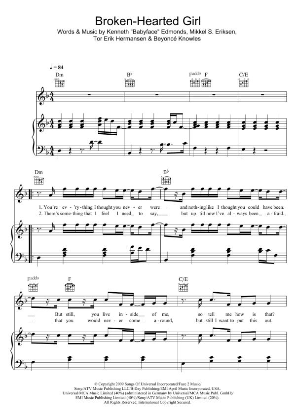 Beyoncé Broken-Hearted Girl Musik Noten - Piano, Vocal & Guitar Chords - 49590-0