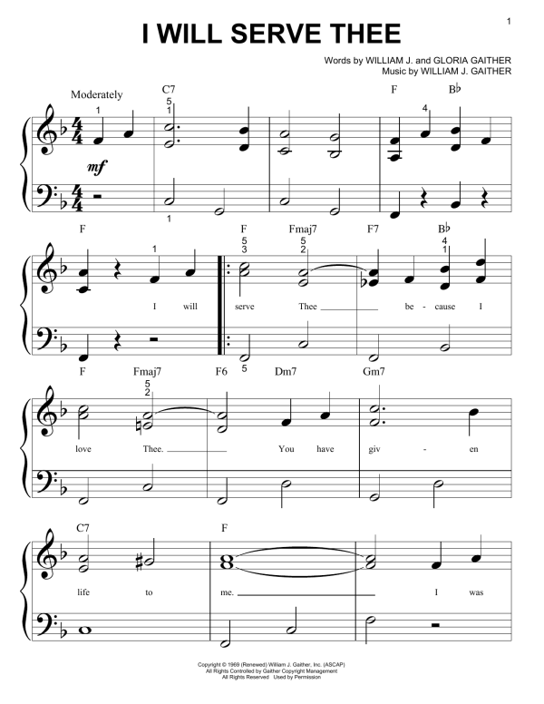 Bill & Gloria Gaither I Will Serve Thee Musik Noten - Big Note Piano - 157650-0