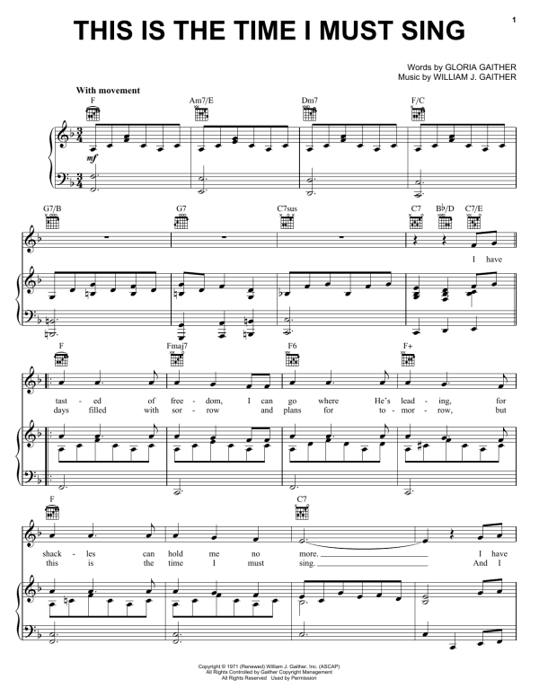 Bill & Gloria Gaither This Is The Time I Must Sing Musik Noten - Piano, Vocal & Guitar Chords - 157525-0