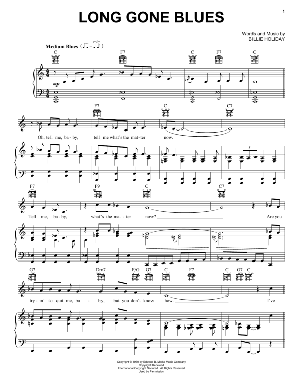 Billie Holiday Long Gone Blues Musik Noten - Piano, Vocal & Guitar Chords - 162160-0