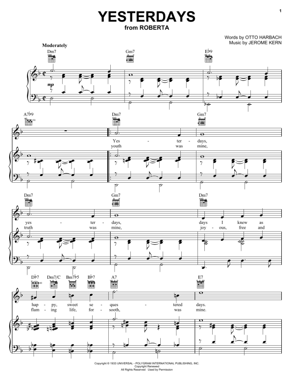 Billie Holiday Yesterdays Musik Noten - Piano, Vocal & Guitar Chords - 28943-0