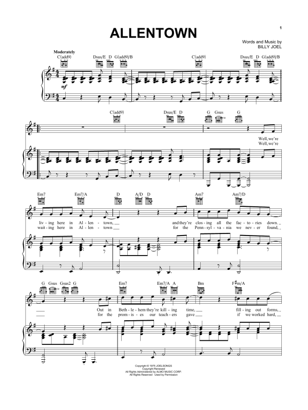 Billy Joel Allentown Musik Noten - Piano, Vocal & Guitar Chords - 18206-0