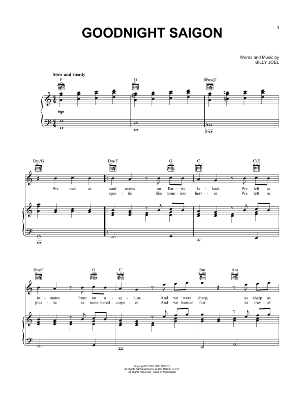 Billy Joel Goodnight Saigon Musik Noten - Piano, Vocal & Guitar Chords - 23361-0