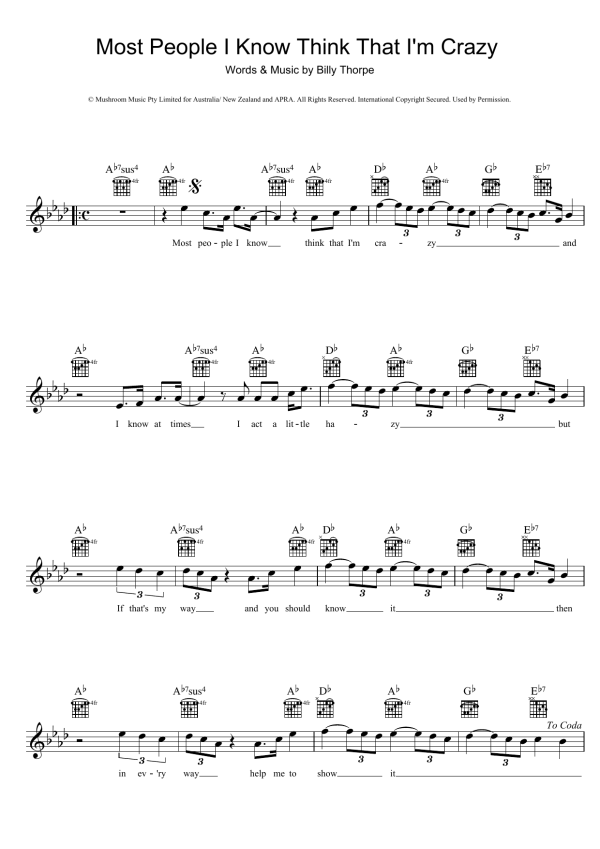 Billy Thorpe Most People I Know Think That I'm Crazy Musik Noten - Lead Sheet / Fake Book - 39125-0