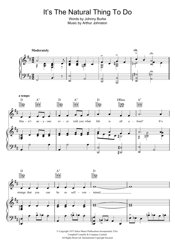 Bing Crosby It's The Natural Thing To Do Musik Noten - Piano, Vocal & Guitar Chords - 121058-0