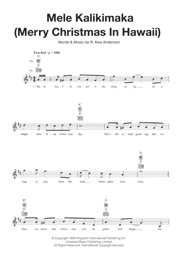 Bing Crosby & The Andrews Sisters Mele Kalikimaka (Merry Christmas In Hawaii) Musik Noten - Ukulele - 120084-0