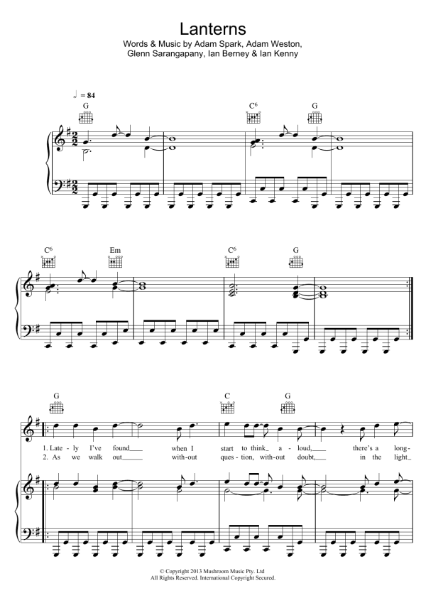 Birds Of Tokyo Lanterns Musik Noten - Piano, Vocal & Guitar Chords - 162276-0