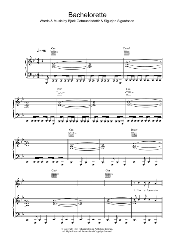 Bjork Gudmundsdottir Bachelorette Musik Noten - Piano, Vocal & Guitar Chords - 33859-0
