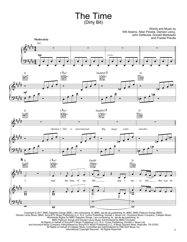 Black Eyed Peas The Time (Dirty Bit) Musik Noten - Piano, Vocal & Guitar Chords - 170654-0