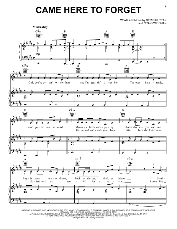 Blake Shelton Came Here To Forget Musik Noten - Piano, Vocal & Guitar Chords - 167023-0