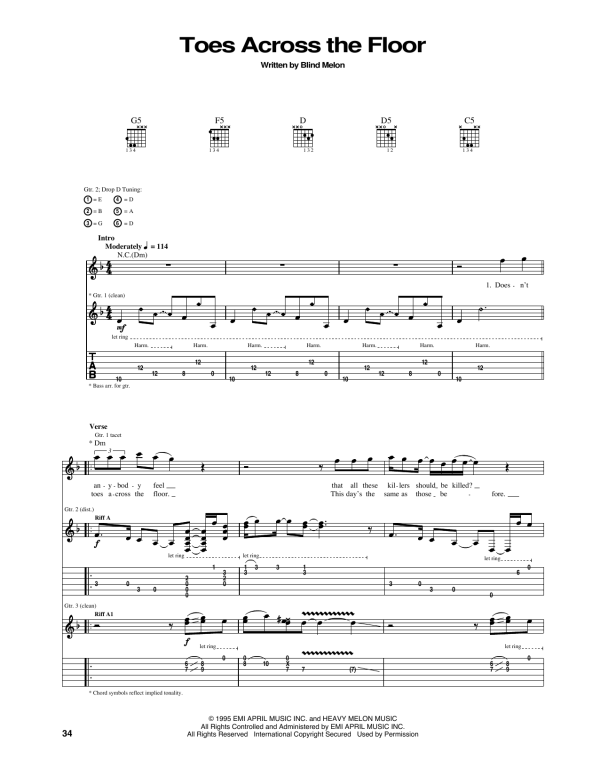 Blind Melon Toes Across The Floor Musik Noten - Guitar Tab - 172264-0