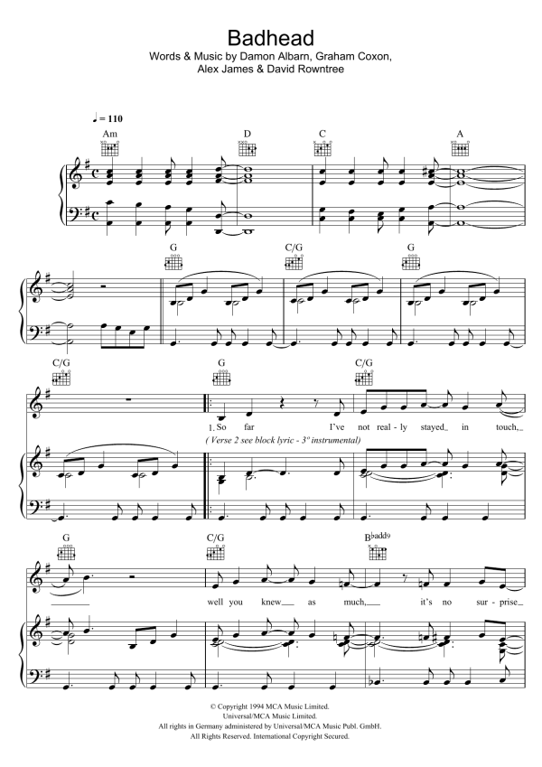 Blur Badhead Musik Noten - Piano, Vocal & Guitar Chords - 49320-0