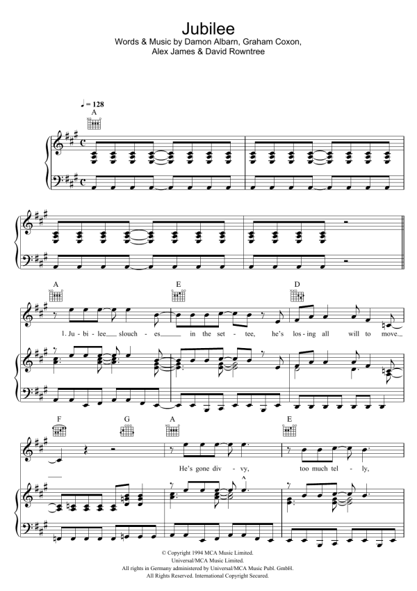 Blur Jubilee Musik Noten - Piano, Vocal & Guitar Chords - 49335-0