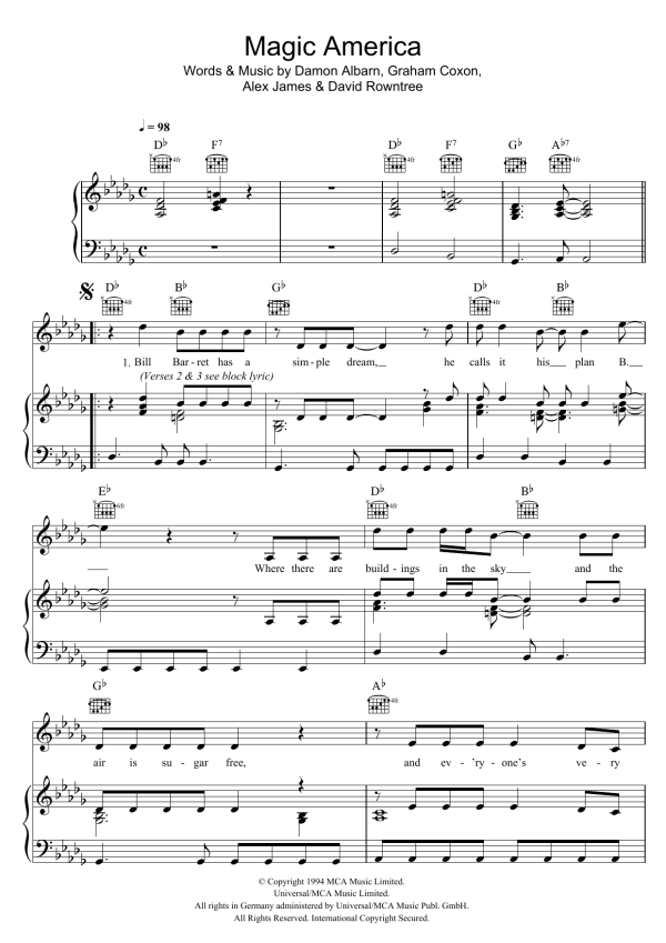 Blur Magic America Musik Noten - Piano, Vocal & Guitar Chords - 49343-0