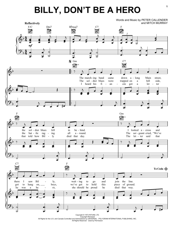 Bo Donaldson & The Heywoods Billy, Don't Be A Hero Musik Noten - Piano, Vocal & Guitar Chords - 30929-0