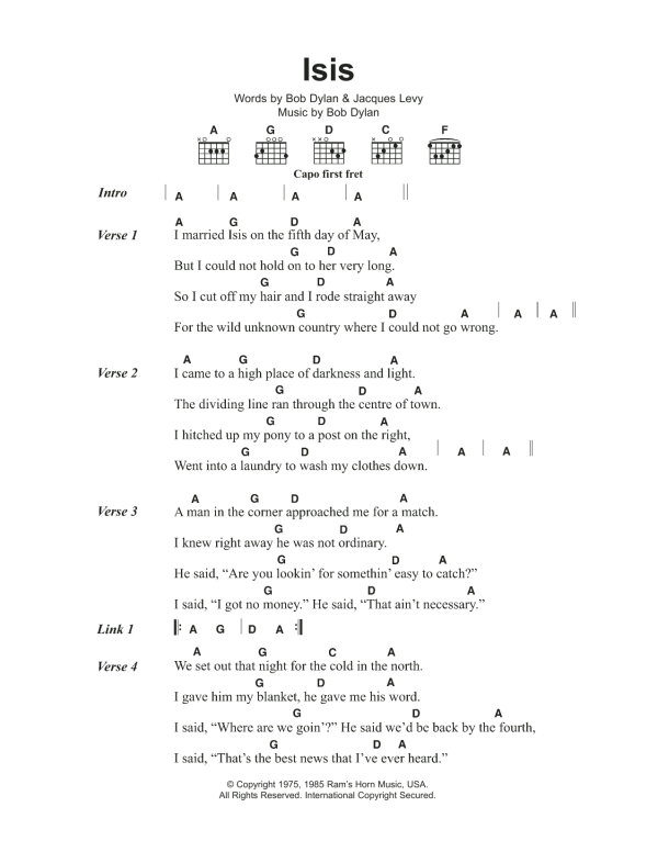 Bob Dylan Isis Musik Noten - Guitar Chords/Lyrics - 100510-0