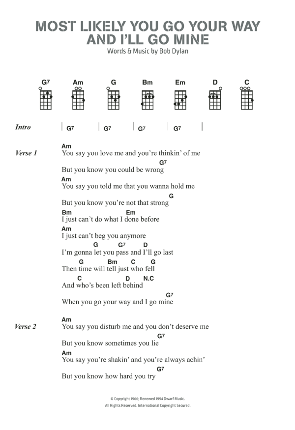 Bob Dylan Most Likely You Go Your Way (And I'll Go Mine) Musik Noten - Piano, Vocal & Guitar Chords - 123086-0