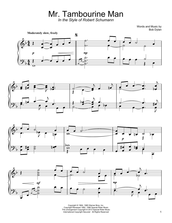 Bob Dylan Mr. Tambourine Man (in the style of Robert Schumann) Musik Noten - Piano Solo - 94573-0