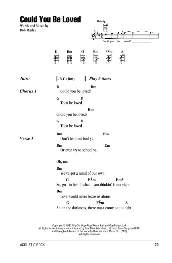 Bob Marley and The Wailers Could You Be Loved Musik Noten - Ukulele Chords/Lyrics - 164118-0