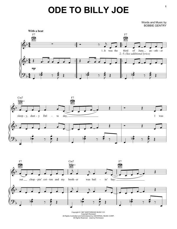 Bobbie Gentry Ode To Billy Joe Musik Noten - Piano, Vocal & Guitar Chords - 86045-0