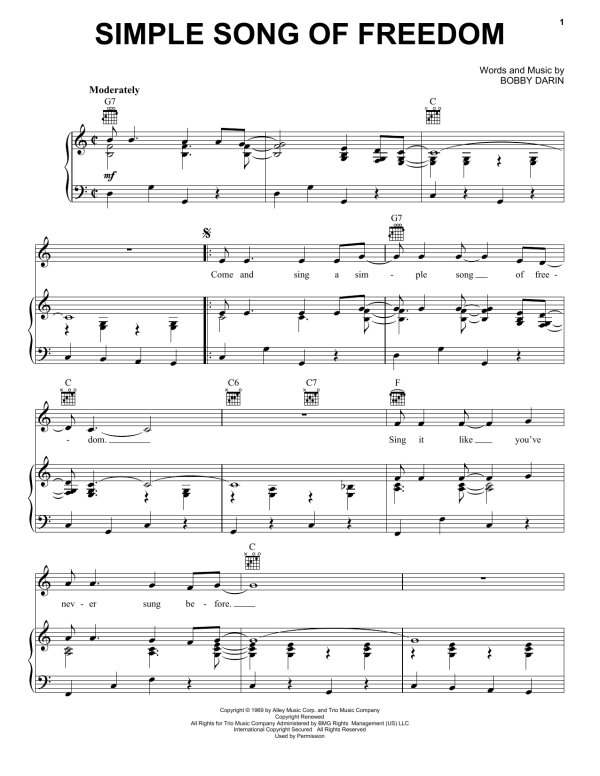 Bobby Darin Simple Song Of Freedom Musik Noten - Piano, Vocal & Guitar Chords - 53702-0