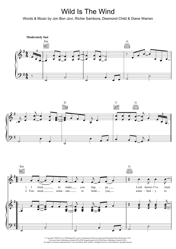 Bon Jovi Wild Is The Wind Musik Noten - Piano, Vocal & Guitar Chords - 111664-0