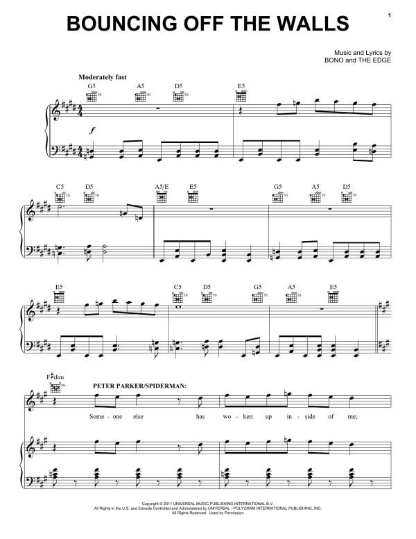 Bono & The Edge Bouncing Off The Walls Musik Noten - Piano, Vocal & Guitar Chords - 90485-0