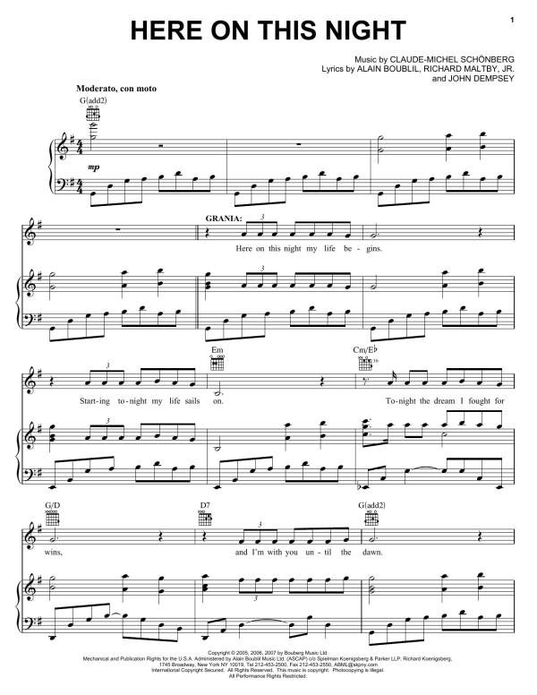 Boublil and Schonberg Here On This Night (from The Pirate Queen) Musik Noten - Piano, Vocal & Guitar Chords - 58964-0