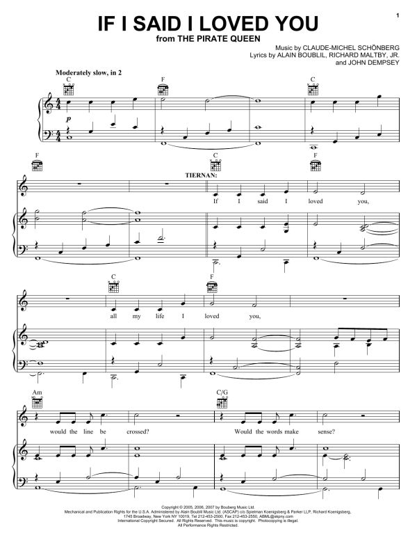 Boublil and Schonberg If I Said I Loved You (from The Pirate Queen) Musik Noten - Piano, Vocal & Guitar Chords - 58960-0