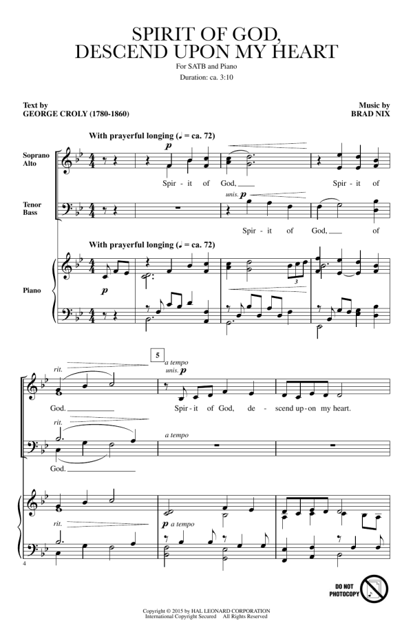 Brad Nix Spirit Of God, Descend Upon My Heart Musik Noten - SATB Choir - 162028-0