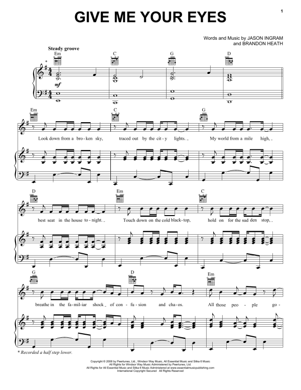 Brandon Heath Give Me Your Eyes Musik Noten - Piano, Vocal & Guitar Chords - 67876-0